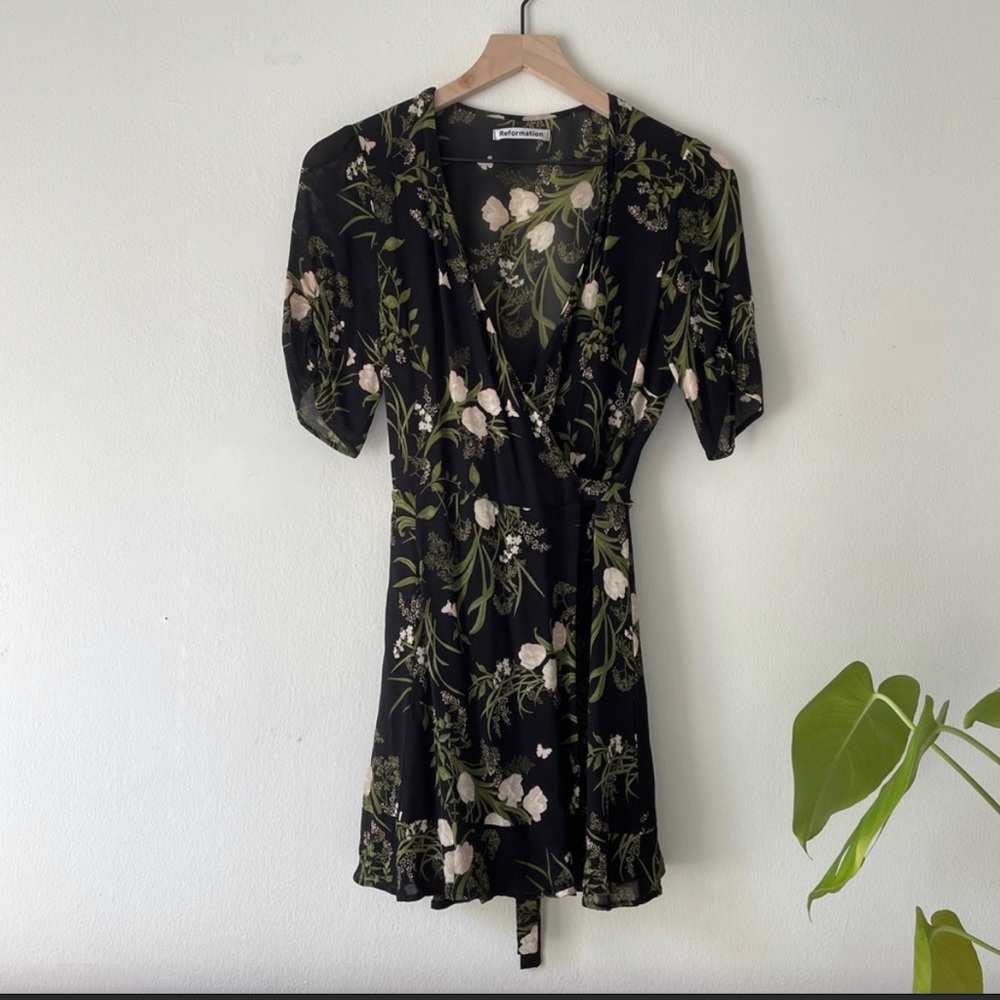 Reformation, floral, and grass wrap dress black viscose